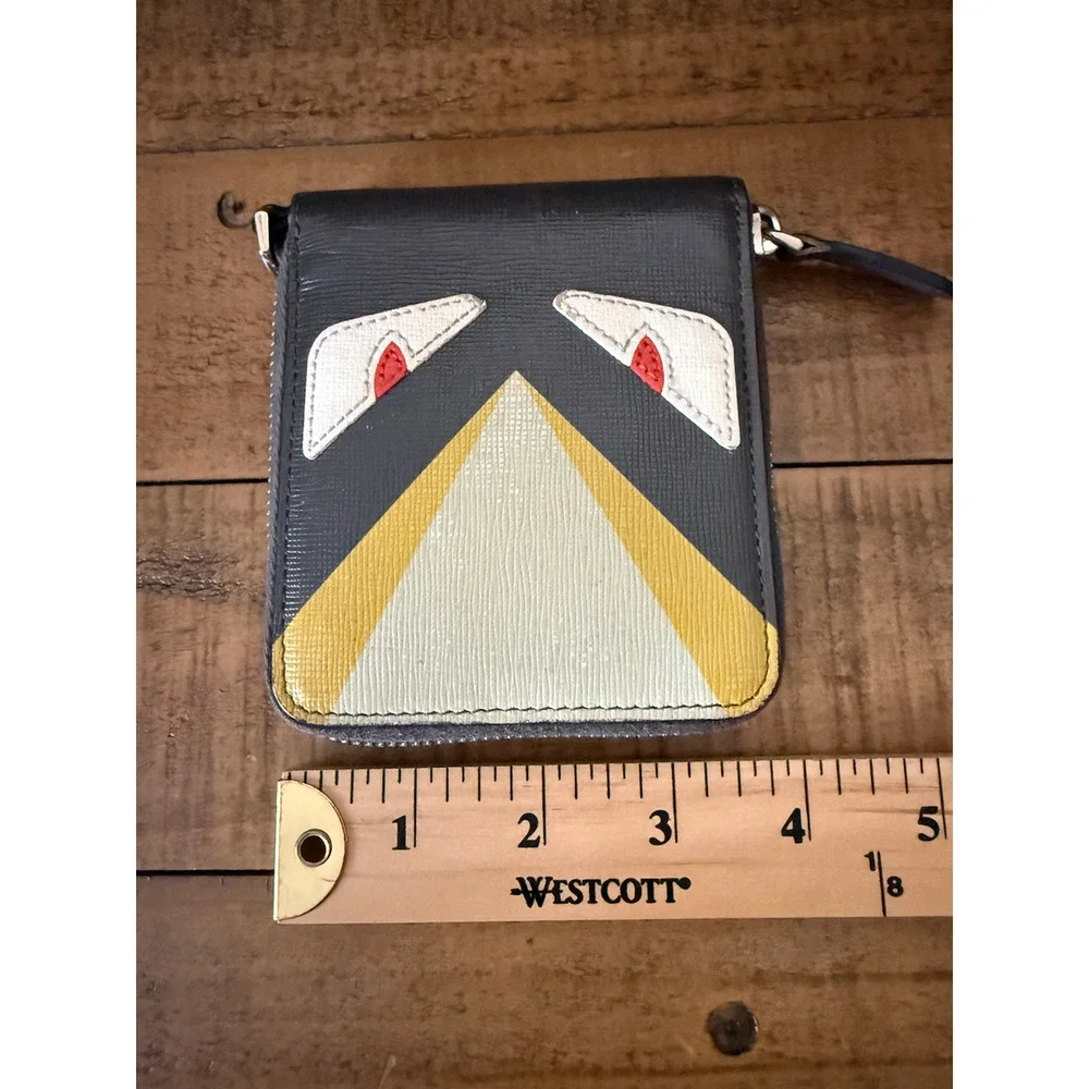Fendi Wallet Mens Black Leather Zip Around Bifold Monster Eyes Logo Coin Pocket